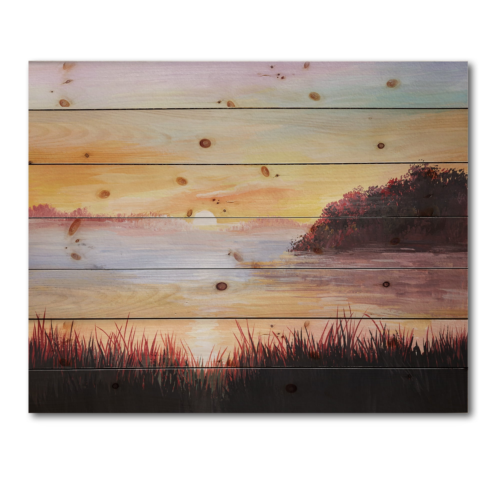 Designart 'The Reeds On The Lake In Evening Glow' Nautical & Coastal Print on Natural Pine Wood