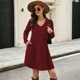 thumbnail image 6 of Women's Dress Long Sleeve V-Neck High Waist Elastic Ribbed Striped with Pocket Midi Dress for Spring Fall Casual,Wine,M, 6 of 7