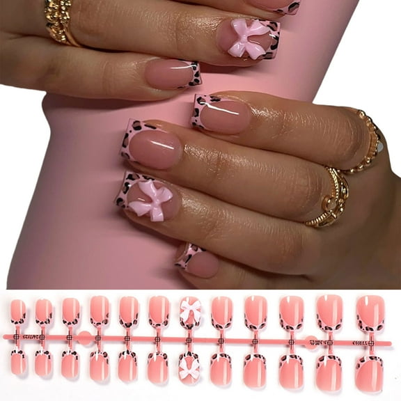 Leopards French Tip False Nails Lovely Bows Full Covers on Nails Artificial False Nails for Woman