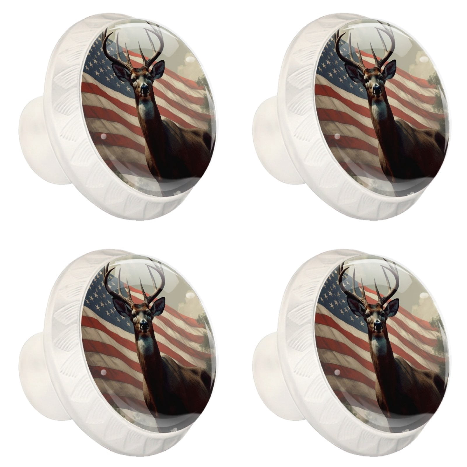 4 Pcs Deer and American Flag Knobs for Kitchen Cabinet Cupboard Dresser Bookcase Drawer Pulls Handles Round Home Decor