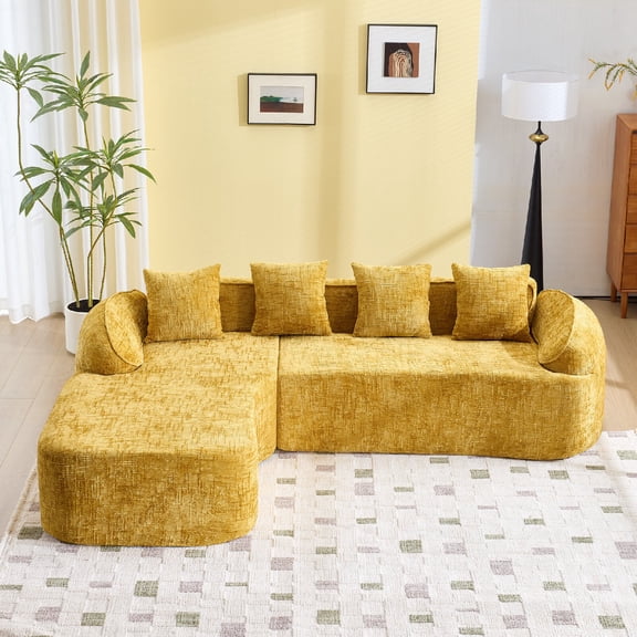L Shaped Sectional Sofa Couches, Compressed Modular Sectional Sofa with Deep Seat, Chenille Comfy Couch with Curved Armrests and 4 Throw Pillows for Living Room, Apartment, Office, Yellow