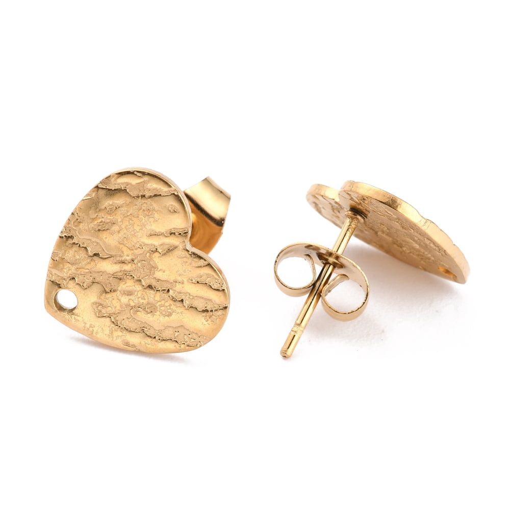 100pcs Ion Plating(IP) 304 Stainless Steel Stud Earring Findings with Ear Nuts/Earring Backs and Hole Heart Shape with Textured Golden 12x13x1mm Pin: 0.8mm