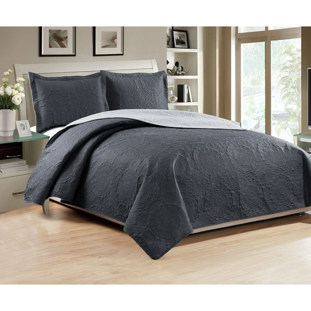 Madison 3Piece Reversible Quilt Set, Charcoal/Grey Queen Walmart
