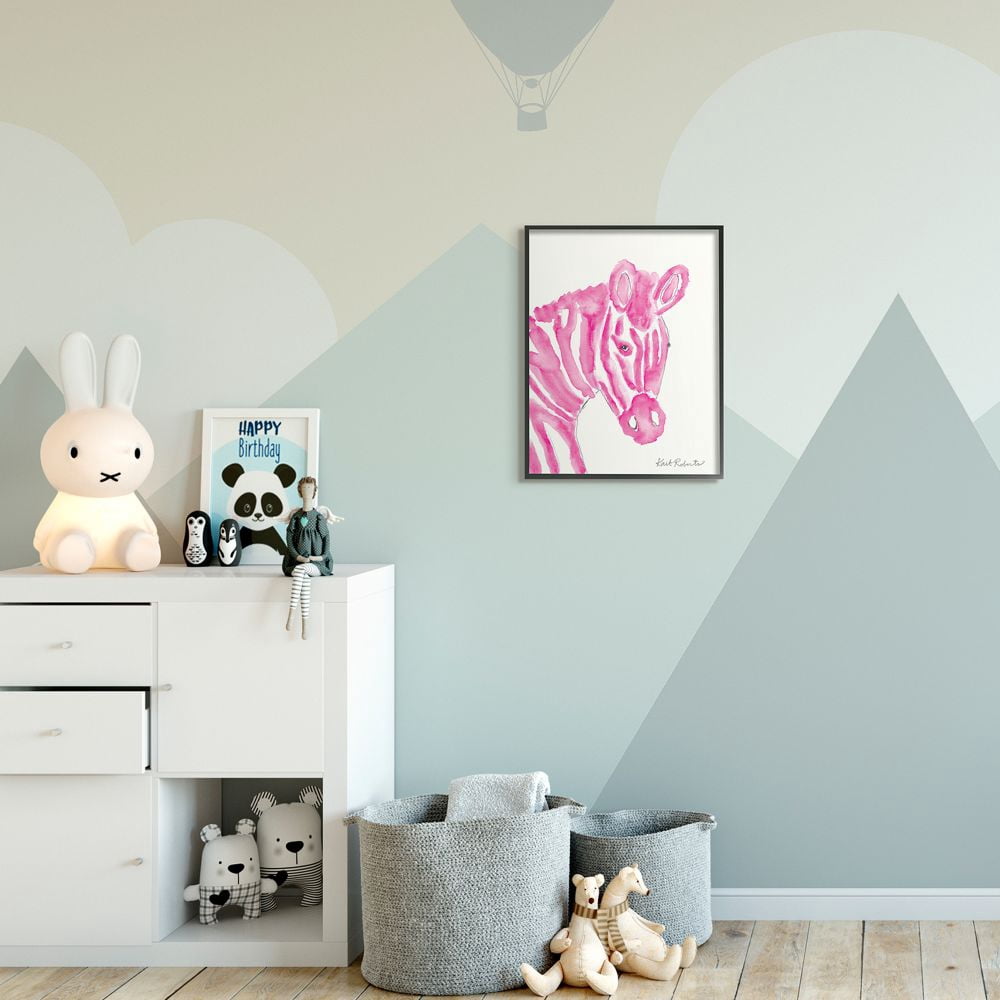 Stupell Industries Kid's Watercolor Zebra Portrait Pink Stripe Zoo Animal Animals & Insects Painting Black Framed Art Print Wall Art, 16 x 20