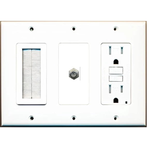 RiteAV - (3 Gang 15A GFCI Outlet Mesh-Brush Coax Wall Plate White