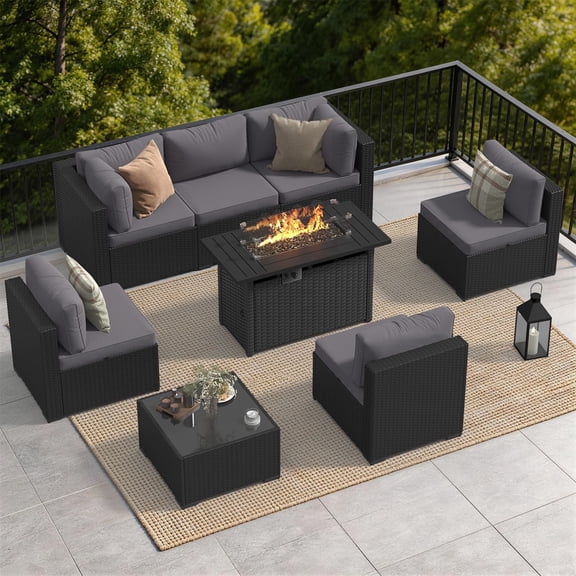 Dateyes 8-Piece Patio Furniture Set with Fire Pit, All-Weather Wicker Rattan Outdoor Sectional Sofa Set with Coffee Table (Dark Gray)