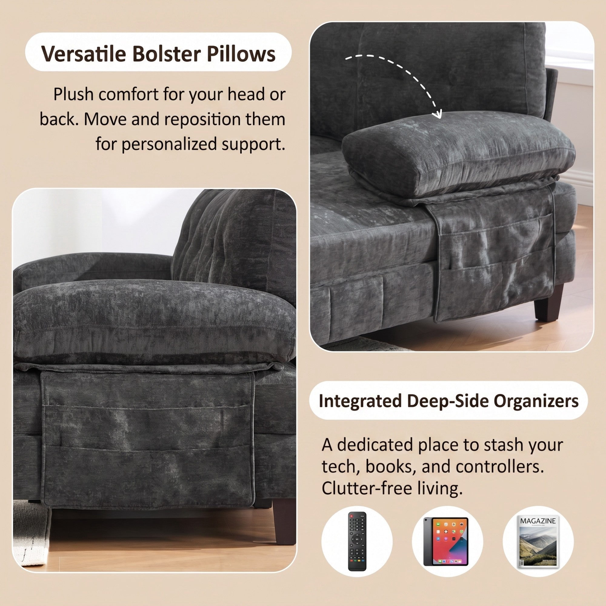Sailvan 103.5" U-Shaped Sectional Sofa, Chenille Fabric Couch with Dual Chaises and Storage Pockets Black