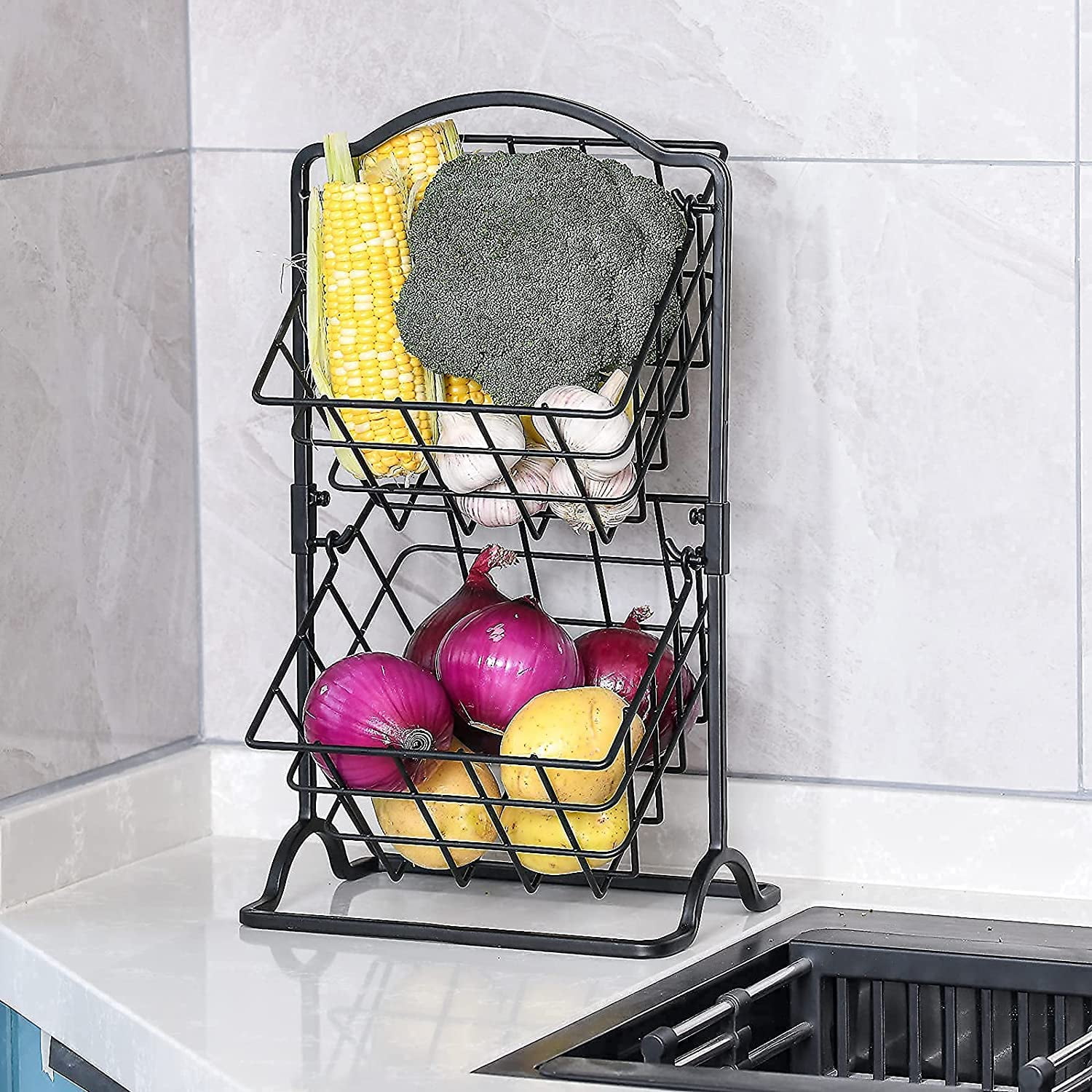 Wetheny 2 Tier Iron Fruit Basket Fruit Bowl for Kitchen Counter,Bread,Fruit and Vegetable Holder Storage Basket,Wire Hanging Basket stand for Kitchen Organizer, Matte Black