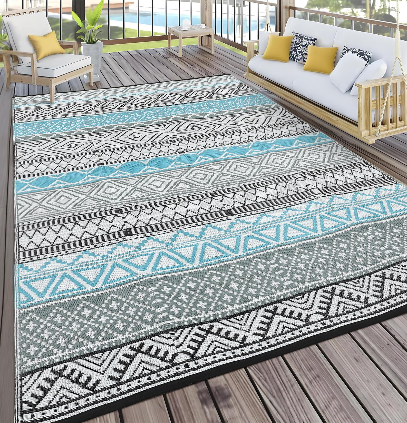 Waterproof & Reversible Outdoor Rug – Durable Patio Carpet for Camping, RV, Deck, Picnic, Porch, Backyard – Lightweight, UV & mark Resistant
