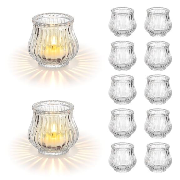 Glasseam Set of 12 Ribbed Glass Tealight Holders: Elegant Clear Votive Candle Holder Fluted Design for Wedding Christmas Table Centerpieces Ideal Gift Year-Round Decor