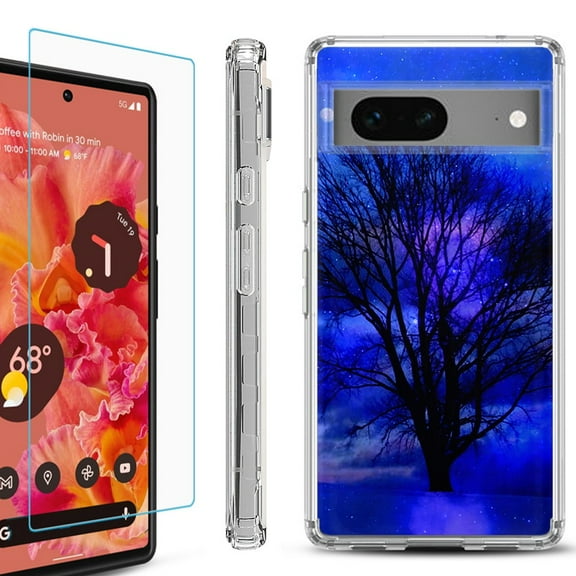 OneToughShield ® for Google Pixel 7a Shockproof Bumper Phone Case, with Tempered Glass Screen Protector - Night Tree