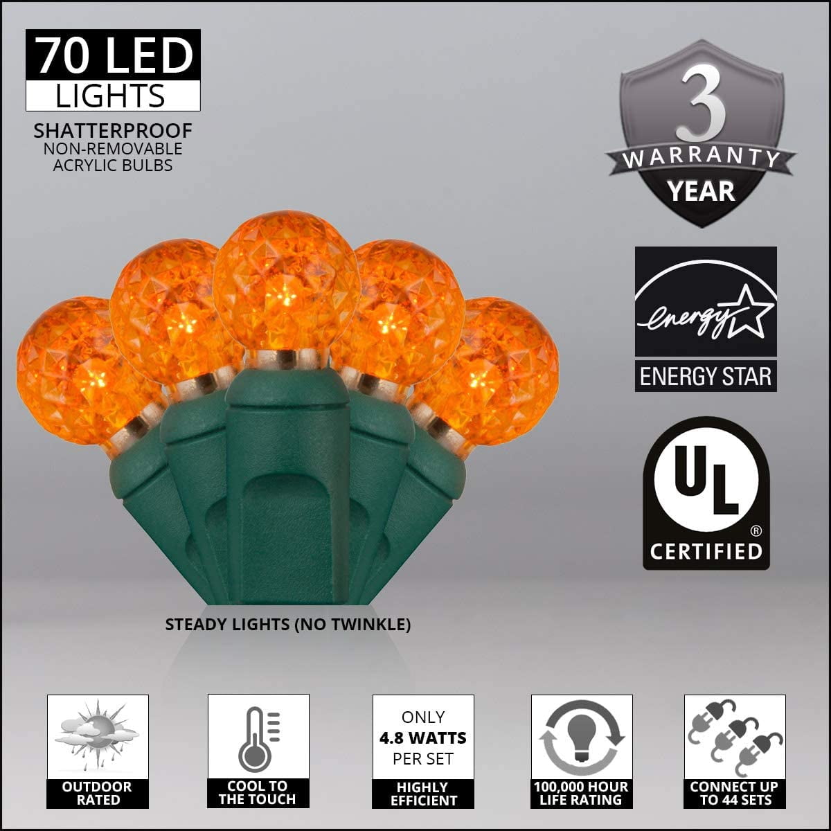 70 G12 Orange Globe String Lights 24 ft LED Halloween Lights Ball Lights Halloween Decorations Outdoor Christmas String Lights for Bedroom Halloween String Lights Dorm Room Lights Party