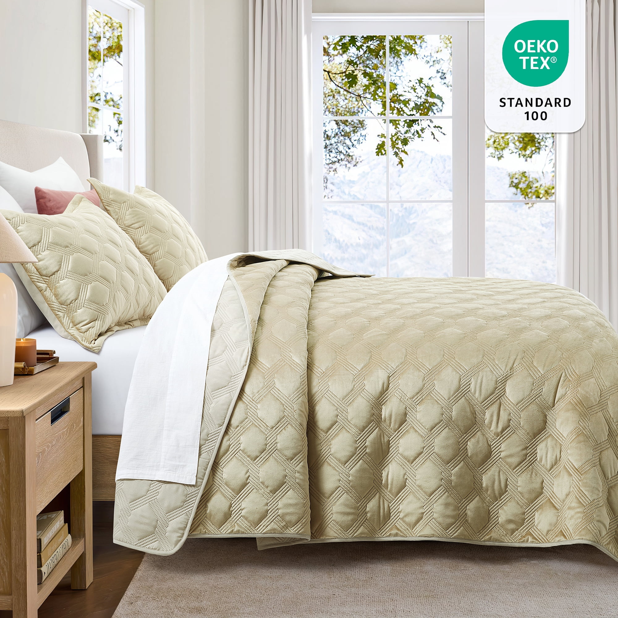 IR Imperial Rooms Velvet Quilt Set 3 Piece Geometric Ultrasonic Embossed Bedspread Reversible 350GSM Soft Brushed Microfiber Beige Full/Queen