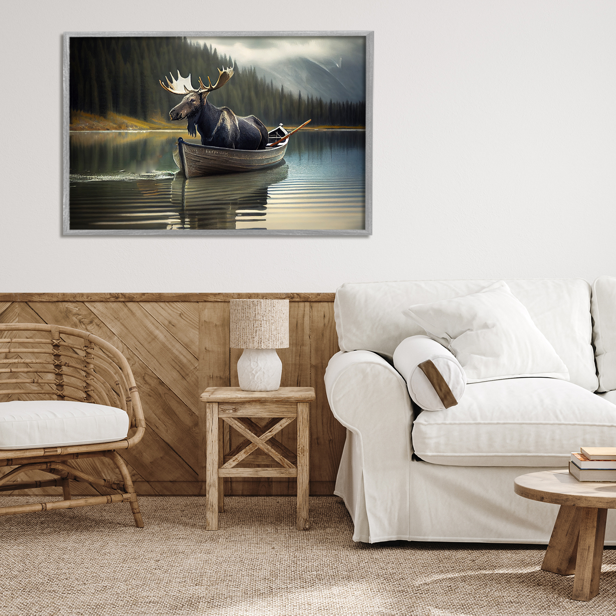 Moose in Canoe Tranquility Gray Framed Giclee Art, design by Sasha