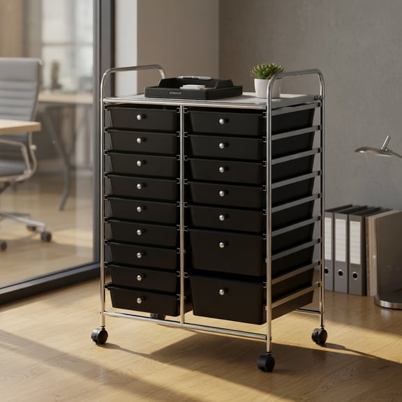 GVN 15-Drawer Mobile Shelving Unit Organizer Utility Cart with Chrome Plated Metal Frame, Rolling Cart for Home Office, Living Room, Entryway, Bedroom, Black