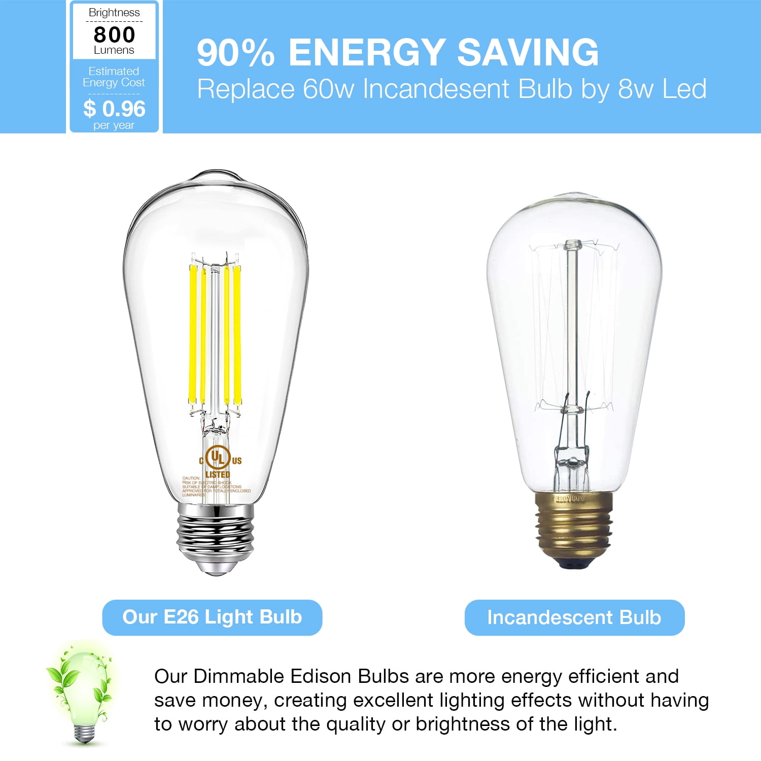 BOCOD Edison Light Bulbs 60W Equivalent, Dimmable Vintage LED Light Bulbs, E26 Medium Base, 5000K Daylight, ST58, 8W, 800LM, 80+ CRI, Antique Decorative Filament LED Bulb, Clear Glasses, 6 Pack