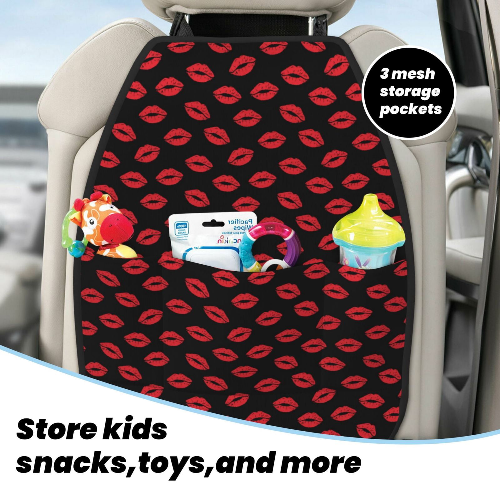 Kdxio Sexy Red Lips Kiss Print 2 Pack Car Kick Mat Seat Cover Back Protector Mat with Pockets for Organizer Backseat Protector and Storage Anti Kick Pad for Vehicles