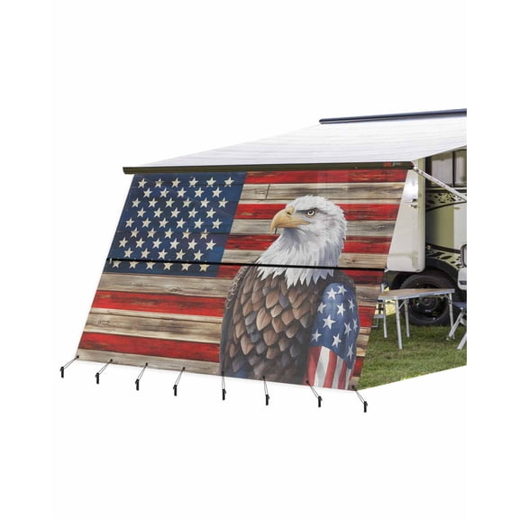4th of July RV Awning Sun Shade Screen 9'X15.3' Patriotic Eagle USA Flag Mesh Sunscreen Red White and Blue Wood Awning Shade Screen with Zipper UV Blocker Completed Kits for RV Motorhome Camper