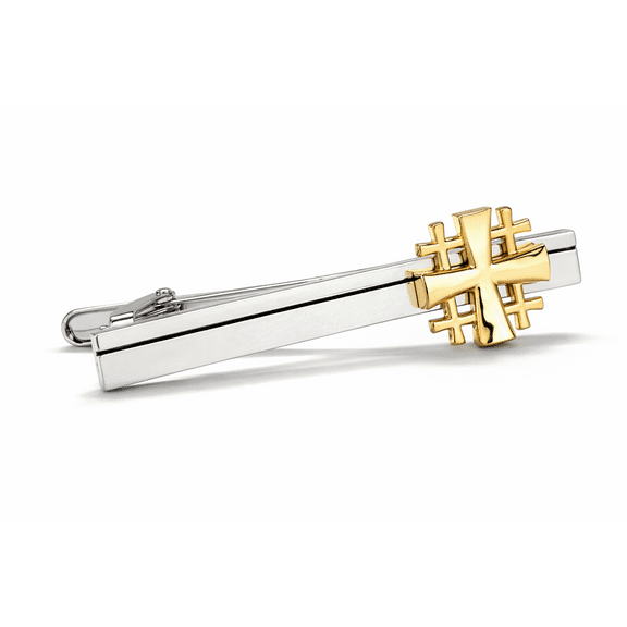 Jerusalem Cross Tie Clip – Silver and Gold Tone 3D Design – Christian Gift for Dad, Pastor, or Husband – Religious Men’s Jewelry for Father’s Day