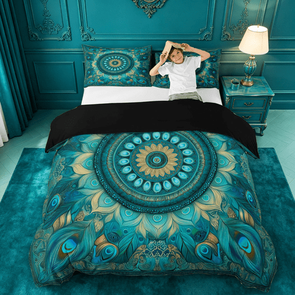 meiyoeat Teal Peacock Pattern Duvet Cover Queen For Adults,Vintage Boho Art Queen Bedding For Women,Black Reversible,3 Pieces(No Comforter)