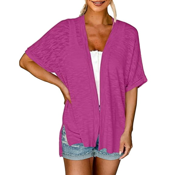 TTUHYWXI Womens 2025 Summer Lightweight Cardigan Short Sleeve Open Front Casual Loose Cover Ups (Hot Pink, L)