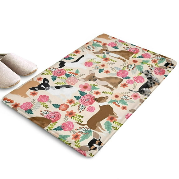 Chihuahua Dog and Flower Flannel Non Slip Door Rugs,Washable Door Mats Indoor,Decorative Door Mats,Dirt-Resistant and Absorbent Doormat for Entrance,Bedroom,Kitchen,Bathroom,23.5x16in(60x40cm)