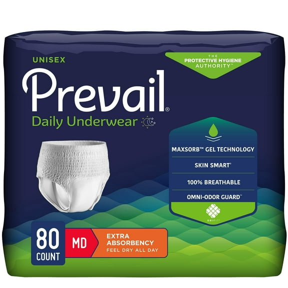 Prevail Daily Unisex Adult Disposable Protective Underwear, 4 Packs, Medium, Maximum Absorbency, 80 Count