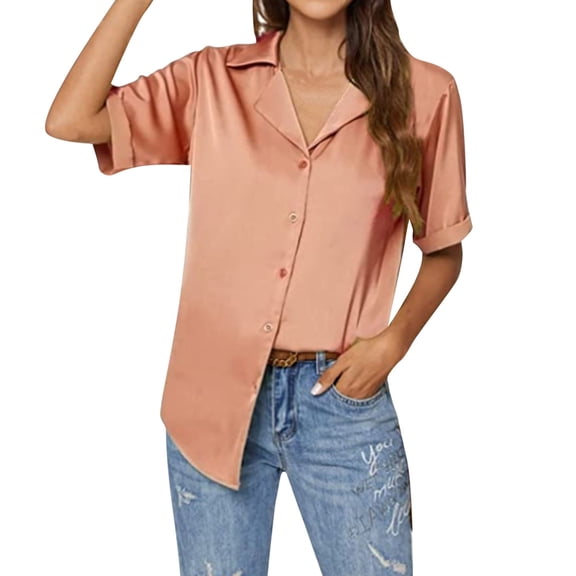 WTXUE Button Down Shirts for Women Blouses for Women Dressy Casual Solid Color Blouses V Neck Tops Chiffon Blouses Tunic Tops Short Sleeve Shirts Flowy Blouses Fitted Blouses Loose Shirts Beige L
