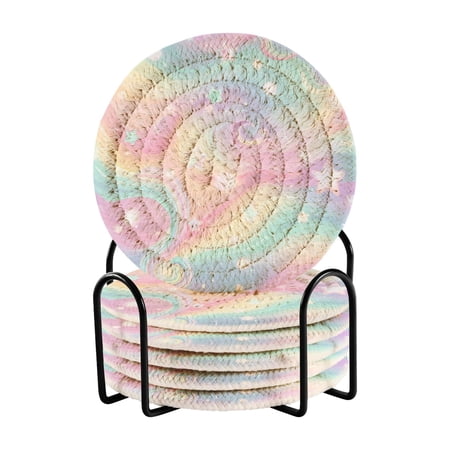 6 Pcs Drink Coasters with Holder 3.94in Woven Coasters for Drinks Cute Pastel Rainbow Background Coaster Set for Protection Table
