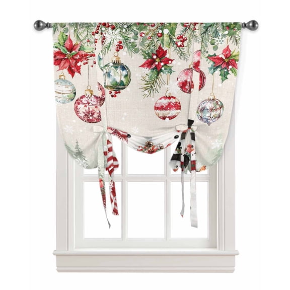 Christmas Snowman Tie Up Curtains for Window, Xmas Balls Elk Botanical Rustic Thermal Insulted Balloon Shade Adjustable Rod Pocket Curtains Valance Panels for Kitchen Bathroom Café 42 x 54