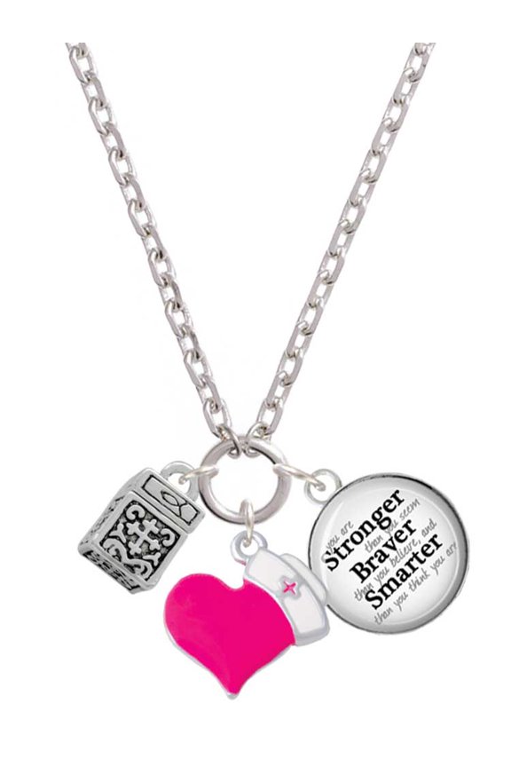 Silvertone Prayer Box - Hot Pink Heart Nurse Strong Zoe Necklace