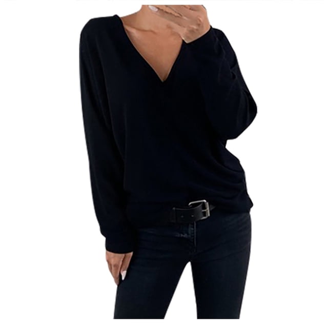 Mode Femme Décontractée Solide Col en V Ample Manches Longues T-shirt Haut Blouse Chandail
