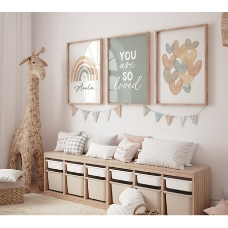 UNFFRAMED Luvia Set of 3 Rainbow Poster Wall Art, Neutral Earth Tone Heart Prints with “You Are So Loved” Quote for Baby Room Decor Set 3 Prints 16x24