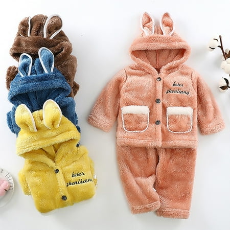 

Esaierrr 2PCS Boys Girls Hooded Pajamas Outfits for Baby Kids 9M-7Y Cartoon Button Loungewear Fall Winter Coral Fleece Warm Sleepwear Set