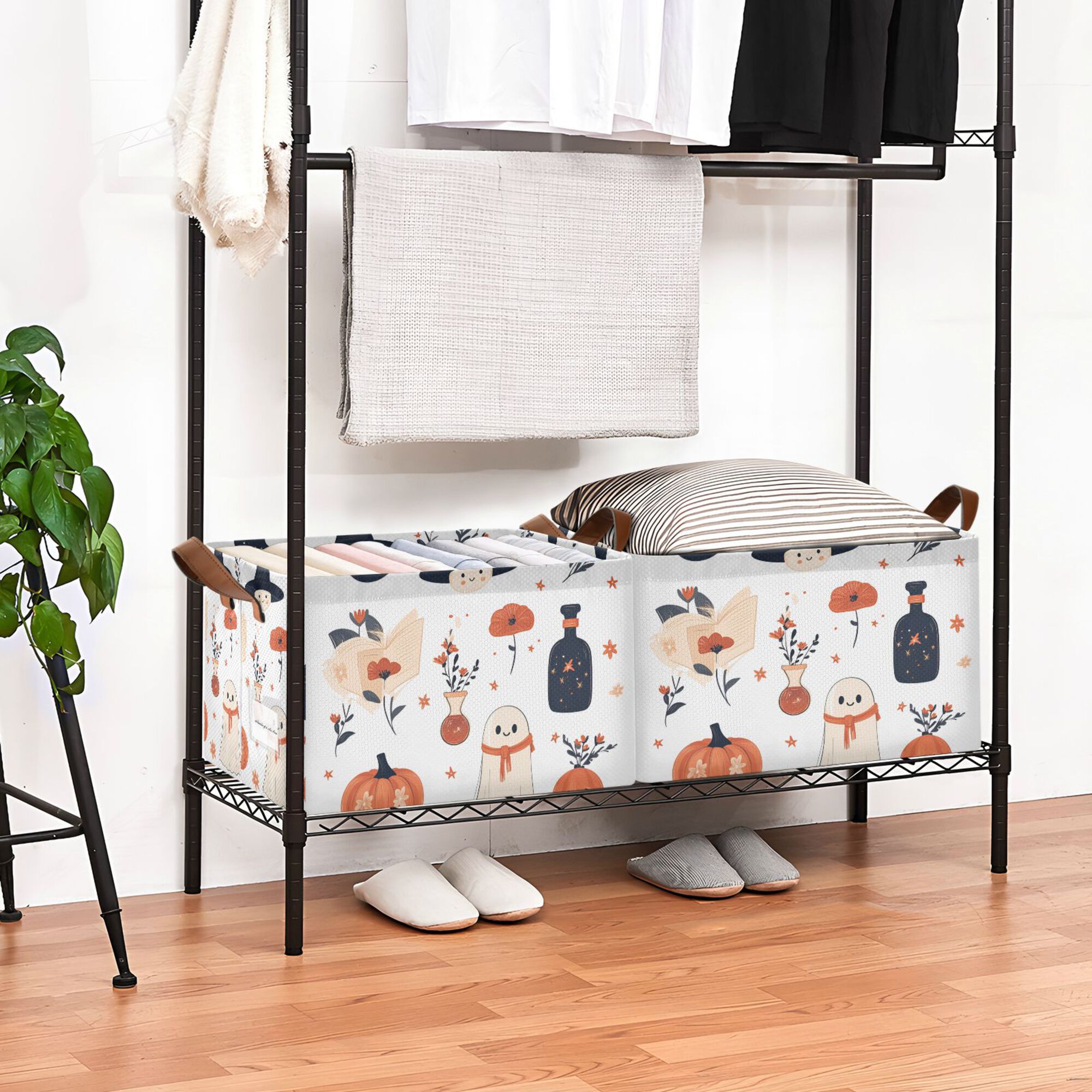 Yayeee Foldable Storage Basket for Shelves with Handles Waterproof Cloth Bins, White Cartoon Halloween Ghosts
