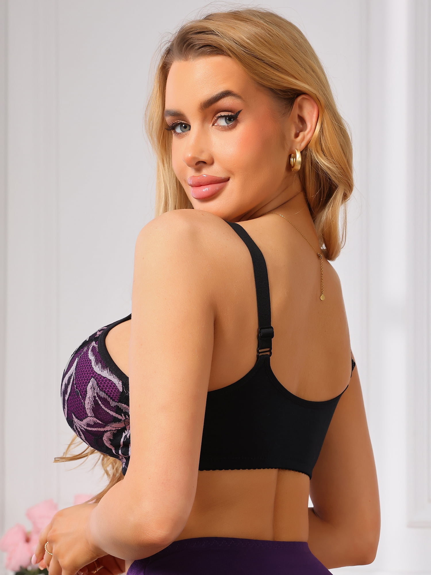 DARING DIVA Women's Lace Front Zipper Push Up Full Coverage Wireless Bra 2XL Purple