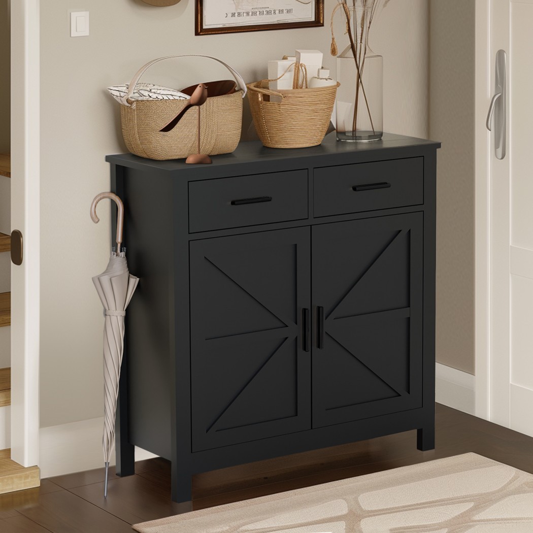Modern Farmhouse Buffet Cabinet, Kitchen Storage Cabinet with 2 Drawers & 2 Doors, Coffee Bar Sideboard with Wide Countertop for Dining Room, Living Room & Entryway, Black