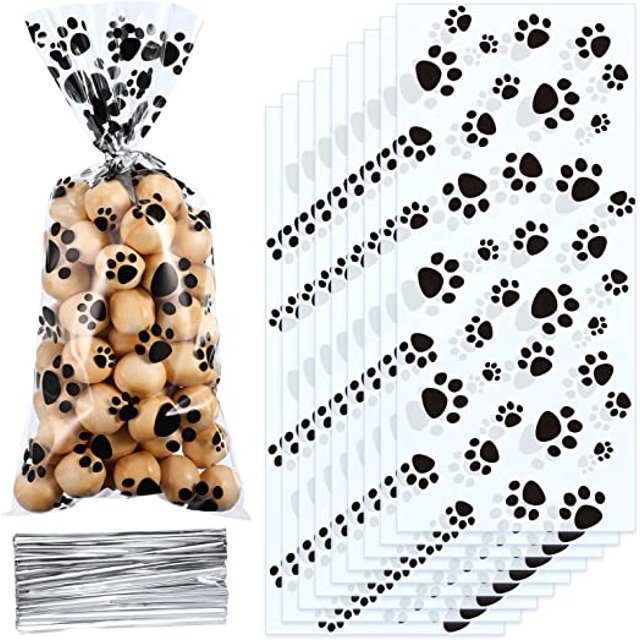 100 bolsas de celofán con cono con estampado de huellas de animales, bolsas de caramelos con sellado térmico, bolsas de regalo con pata de perro, bolsas de regalo para gatos con 100 lazos plateados p JAMW Sencillez