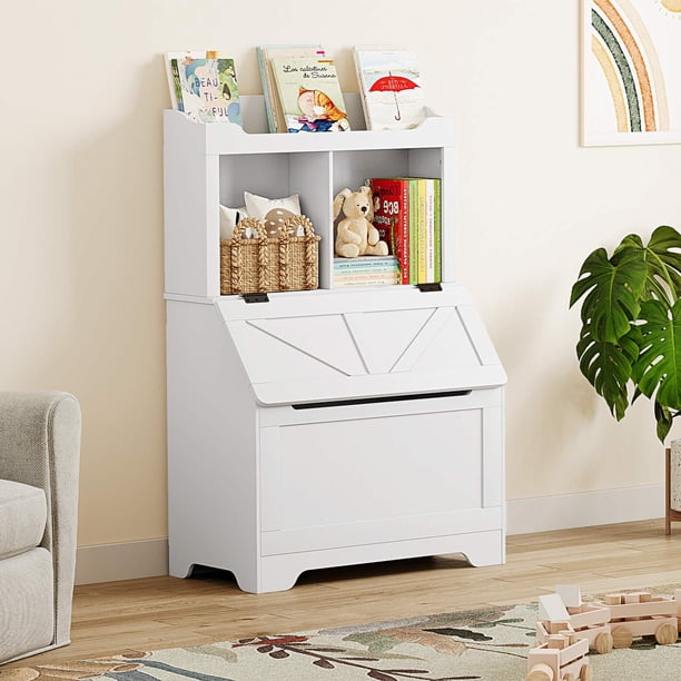 2-estante para niños de madera almacenamiento gabinete: estante y toy almacenamiento con flip-top lid y cubby, blanca finish para playroom, dormitorio, nursery, o school