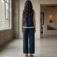 thumbnail image 6 of 2 Piece Sets for Women Color Block Linen Lounge Sets Sleeveless Top Wide Leg Pants Matching Casual Travel Outfit, 2XL, 6 of 9
