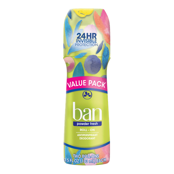 Ban Powder Fresh 24-hour Invisible Antiperspirant, Roll-on Deodorant for Women and Men, Underarm Wetness Protection, with Odor-fighting Ingredients, 3.5oz, 2-pack