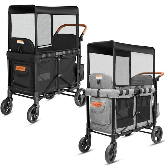 TouHeart Wagon Stroller for 2 Kids with Canopy, Removable Seats, 5-Point Harness, Gray&Black,Set of 2
