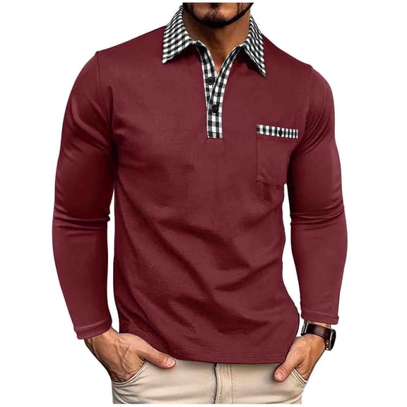 IYTR Men's Dress Shirts Long Sleeve Color Matching Turndown Collar Button Tshirts with Pocket Solid Color Leisure Loose Fit Spring Clothes Lightweight Shirt (Wine,XL)