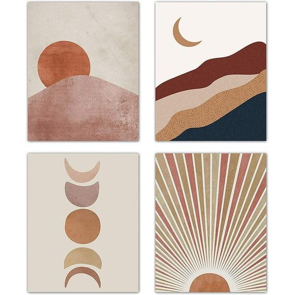 Sunset Sunrise Landscape Art Prints Modern Mid Century Geometric Decor Boho Sun and Moon Wall Art Painting Set of 4 (8x10 Canvas Picture) Office Bedroom Kitchen Home Decor Unframed