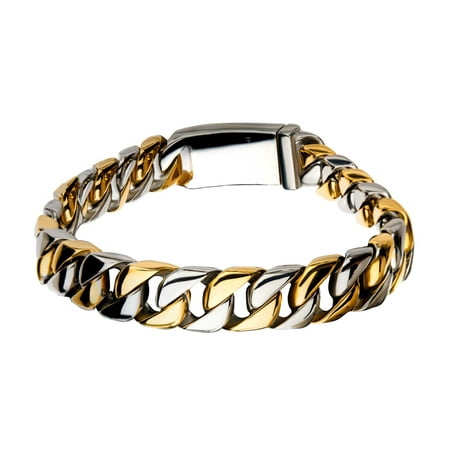 Inox Mens Stainless Steel Gold IP Curb Chain Bracelet 8 3/4 inch long