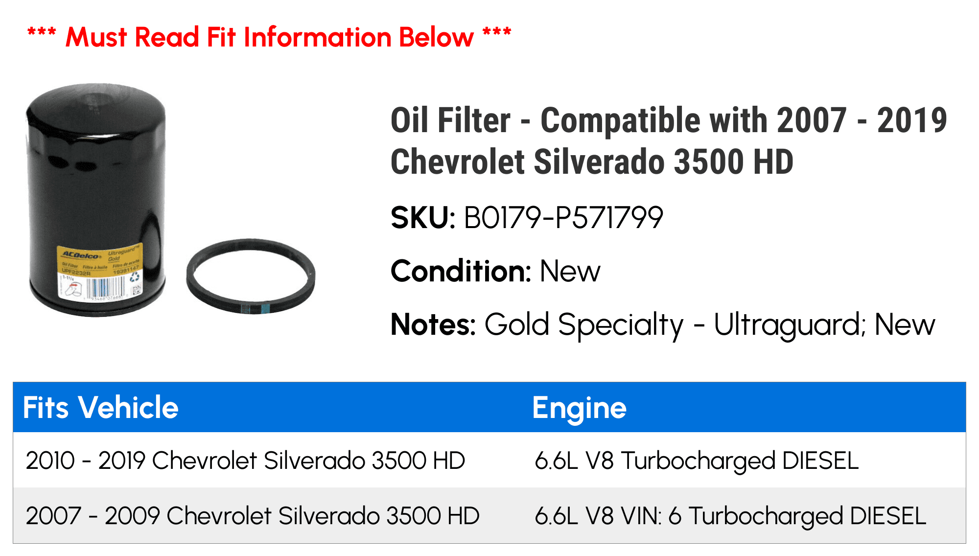 Oil Filter - Compatible with 2007 - 2019 Chevrolet Silverado 3500 HD - AC Delco