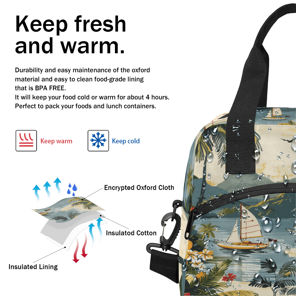 Herdesigns Ocean Theme Insulated Lunch Bag for Women Men Adults Large Reusable Lunch Box Beach Palm Tree Ship Leakproof Cooler Tote Bags with Adjustable Shoulder Strap