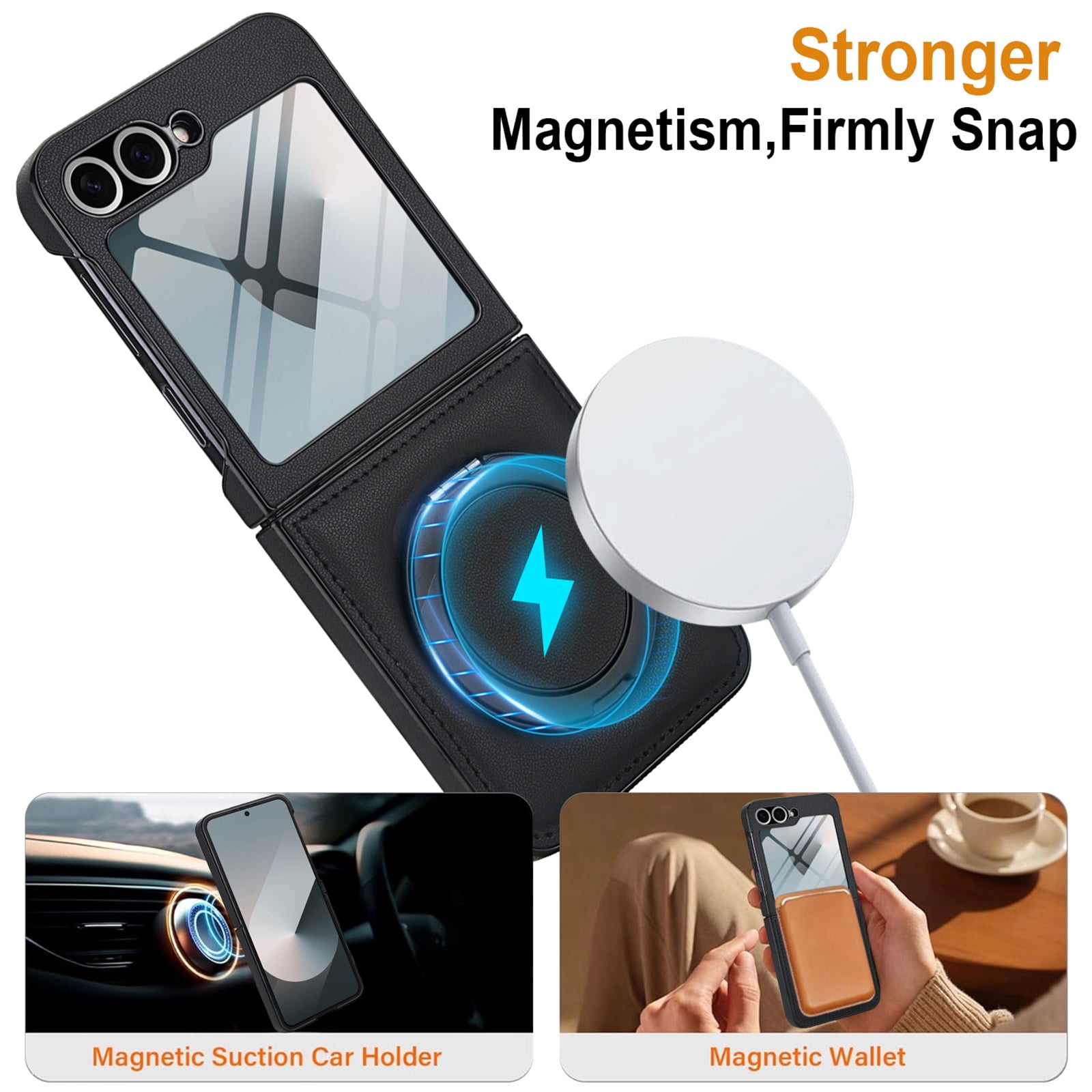 Compatible with Samsung Galaxy Z Flip 7 Phone Case,Built-in Screen Protector,360° Rotatable Ring Kickstand,Compatible with Mag-Safe,Anti-Scratch Leather Shockproof Rugged Phone Case,Black