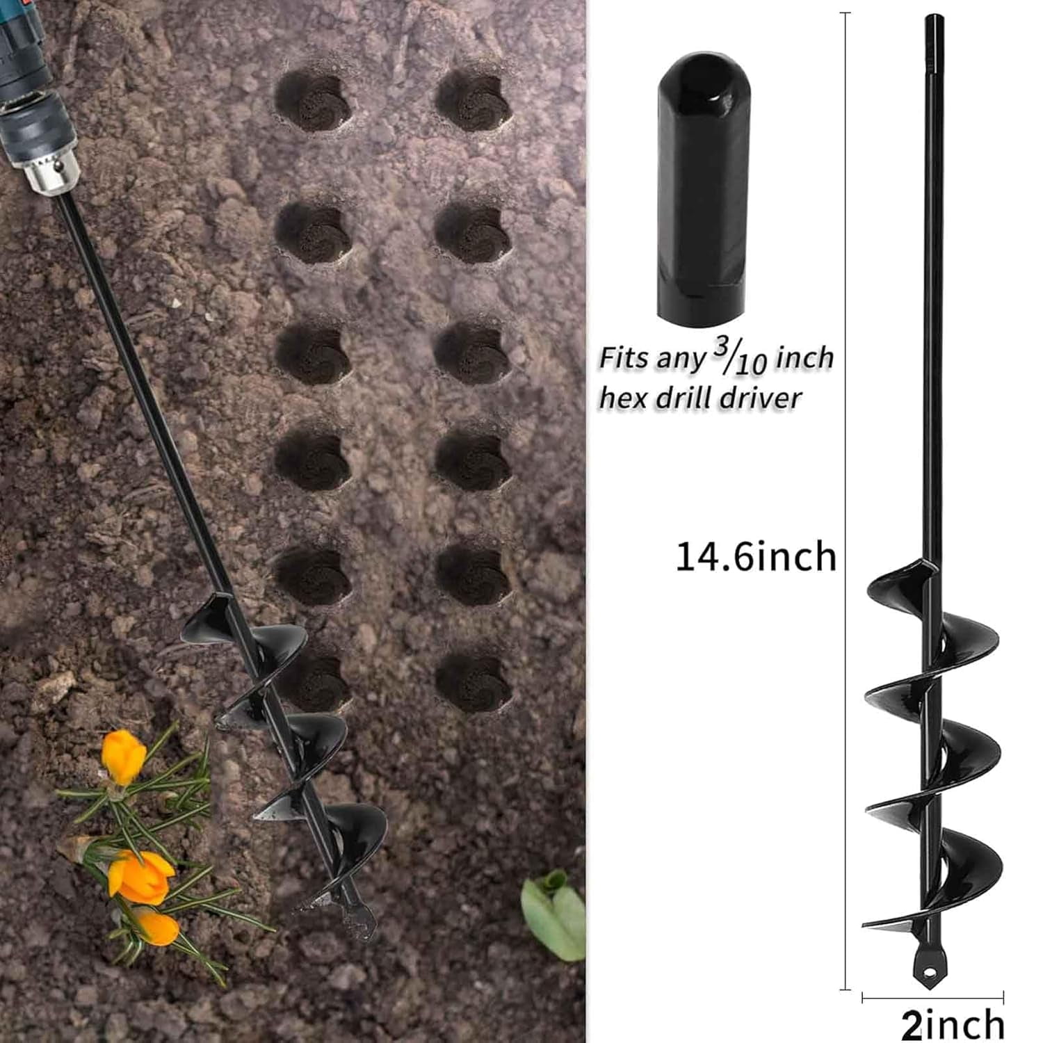 Auger Drill Bit 2x14.6inch Garden Plant Flower Bulb Auger Rapid Planter Bulb & Bedding Plant Auger for 3/8" Hex Drive Earth Drill Fence Post Umbrella Hole Digger