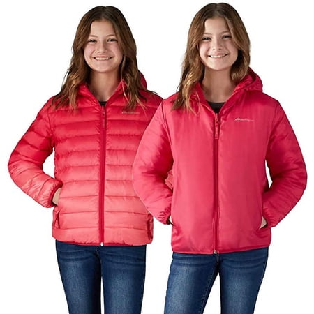 Eddie Bauer Girls' Reversible Hooded Down Jacket, Pink Ombre/Royal Red M 10/12